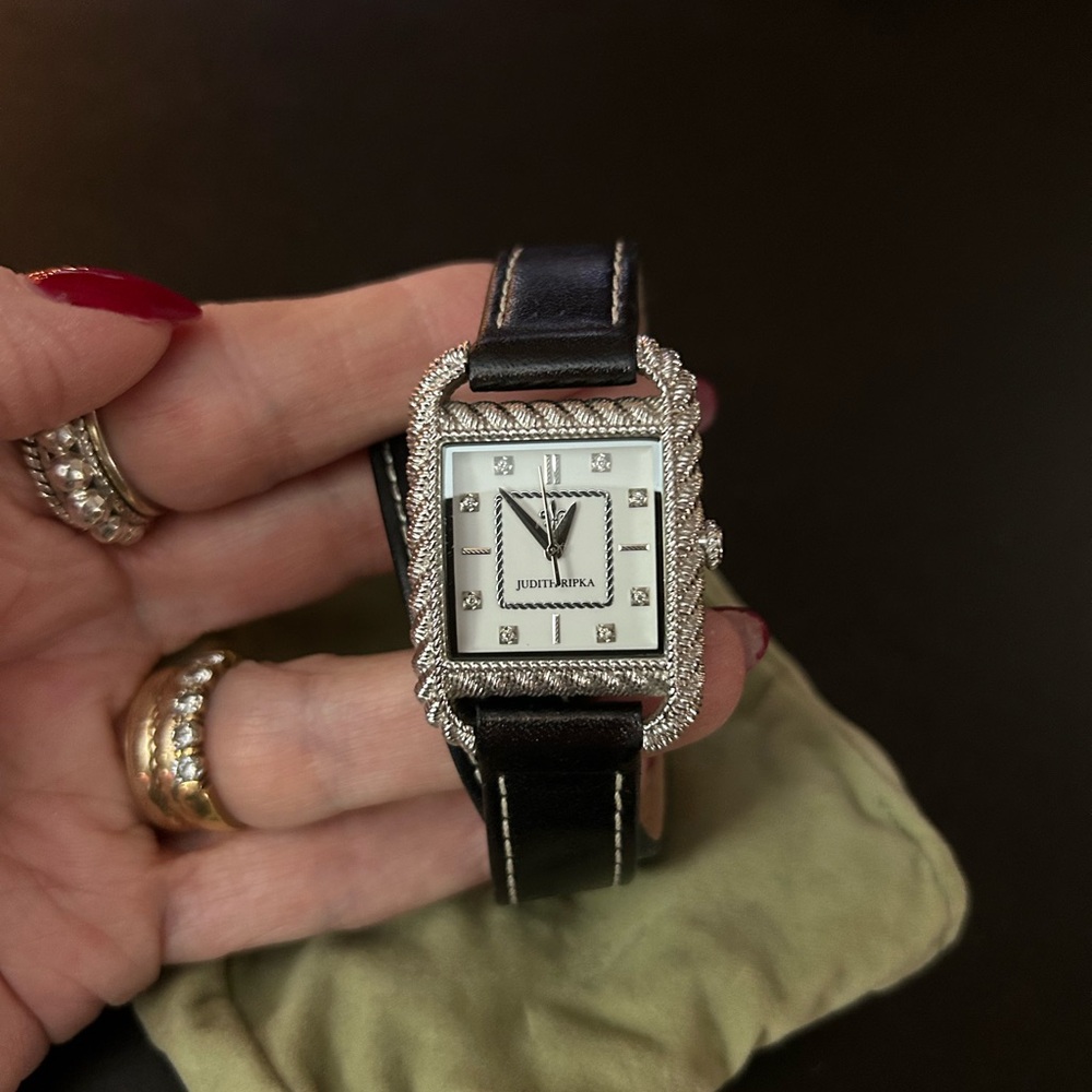 Judith Ripka Black Leather Strap Watch